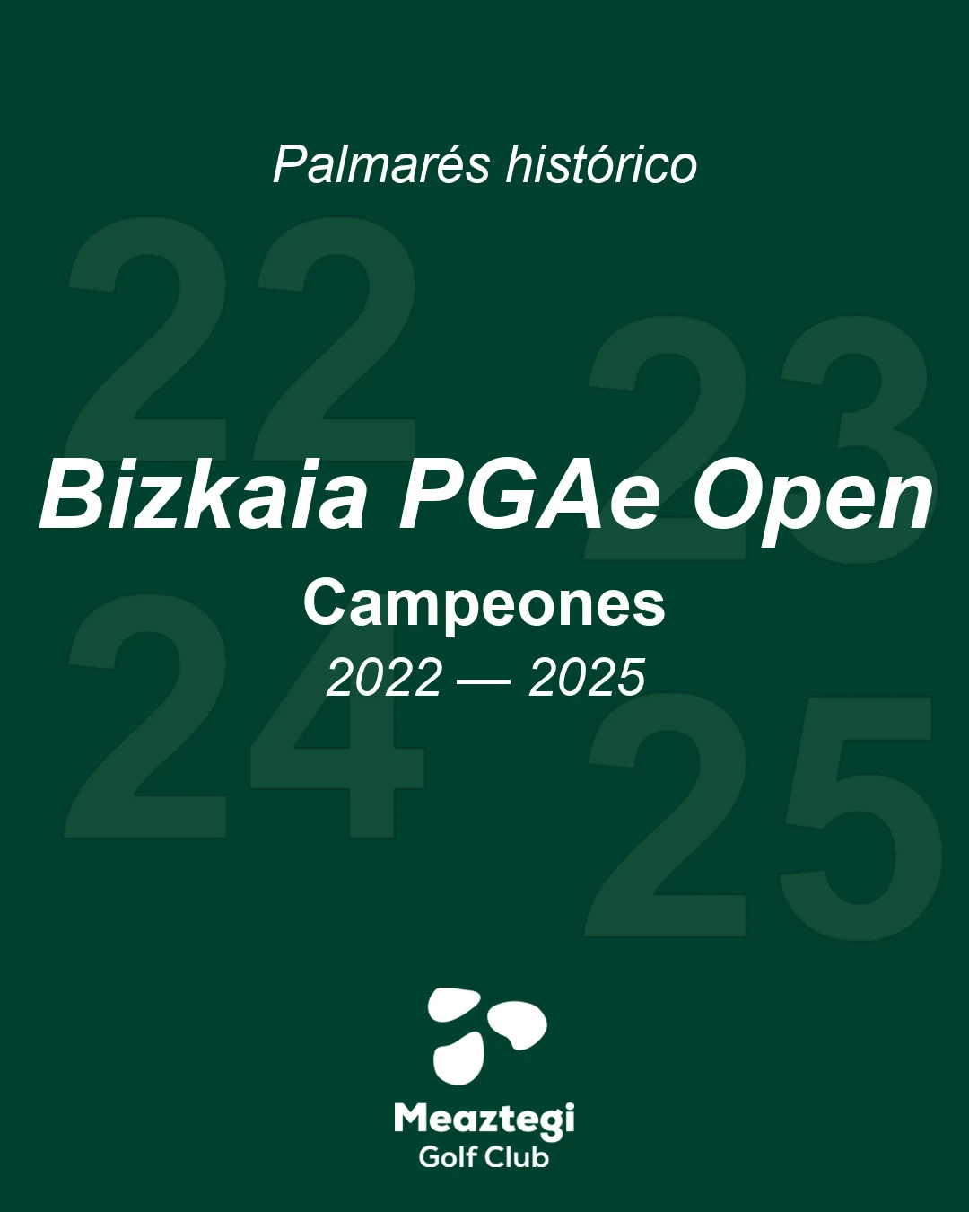 Palmarés del Bizkaia PGAe Open en Meaztegi Golf Club — cubierta con los cuatro campeones 2022 a 2025