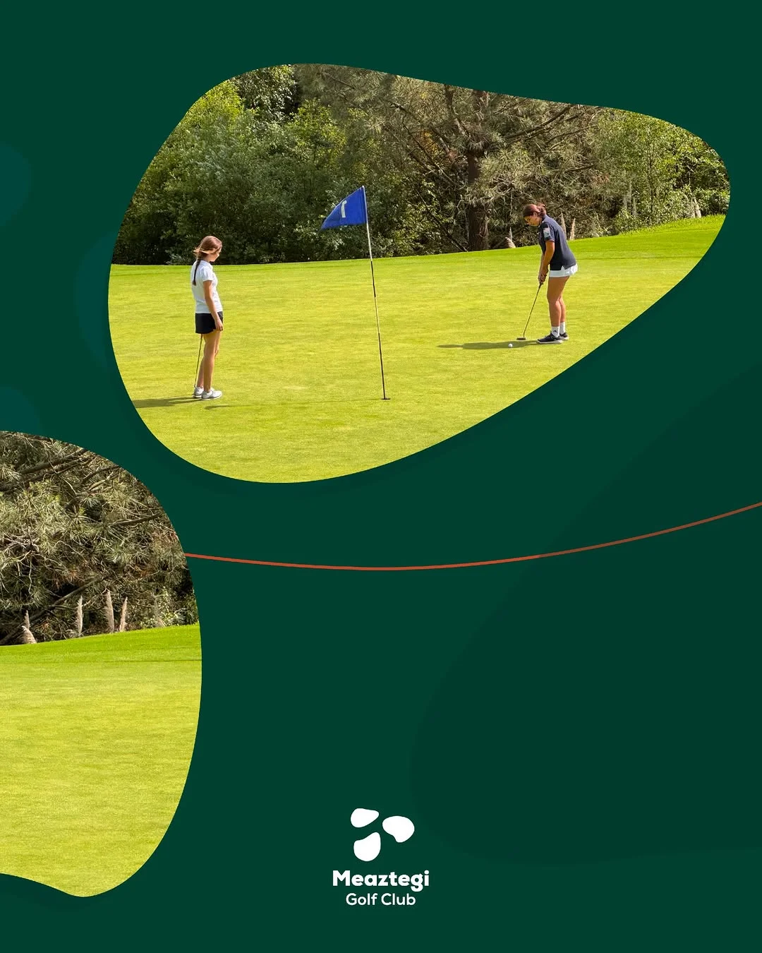 Pareja de jugadoras del torneo Sub-21 Bizkaia leyendo el putt con bandera azul