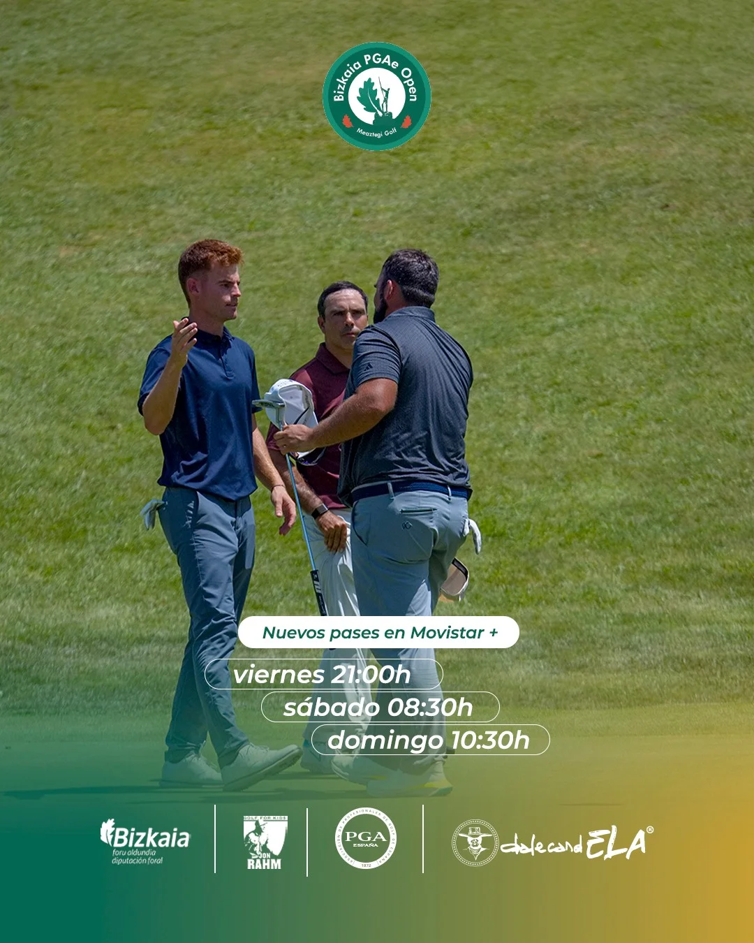 Gráfico promocional del Bizkaia PGAe Open en Movistar+ con los horarios de emisión del fin de semana