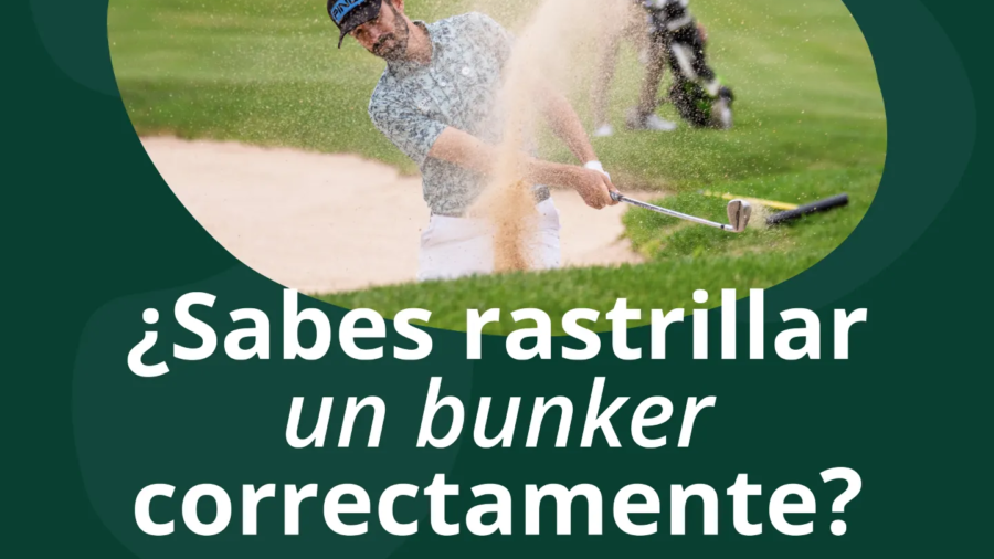 Jugador saliendo de la arena y consejo para rastrillar el bunker correctamente en Meaztegi Golf